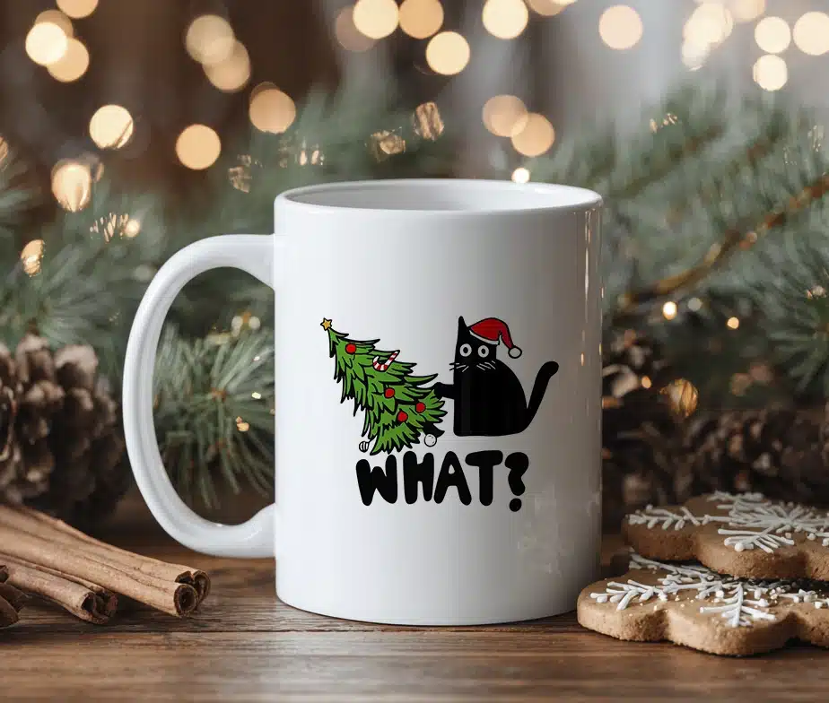 Hvid kaffekop med julemotiv omgivet af julepynt, kanelstænger og småkager.