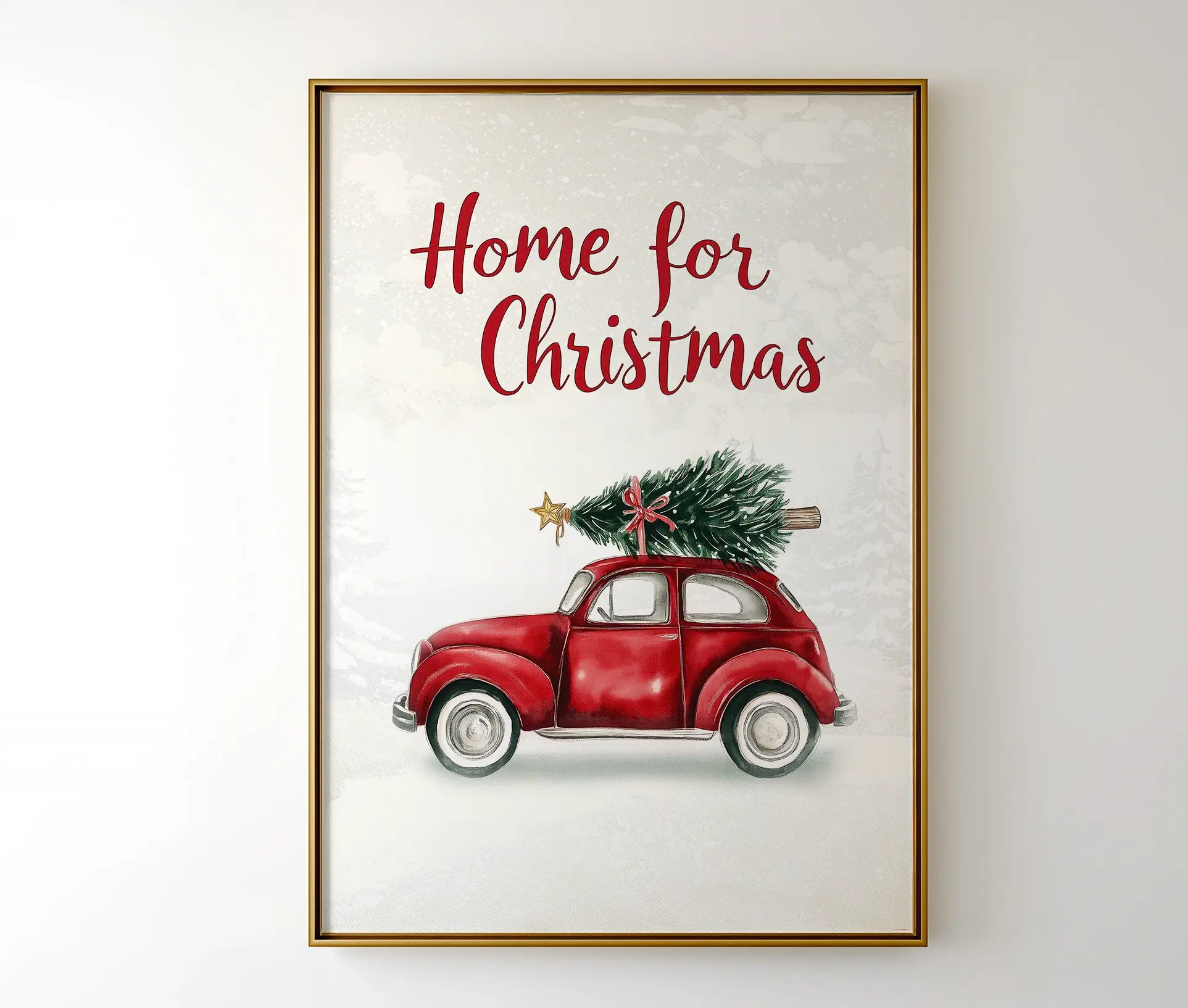 “Home for Christmas” plakat i ramme hængende på væggen. Rød bil med juletræ i sneklædt landskab.