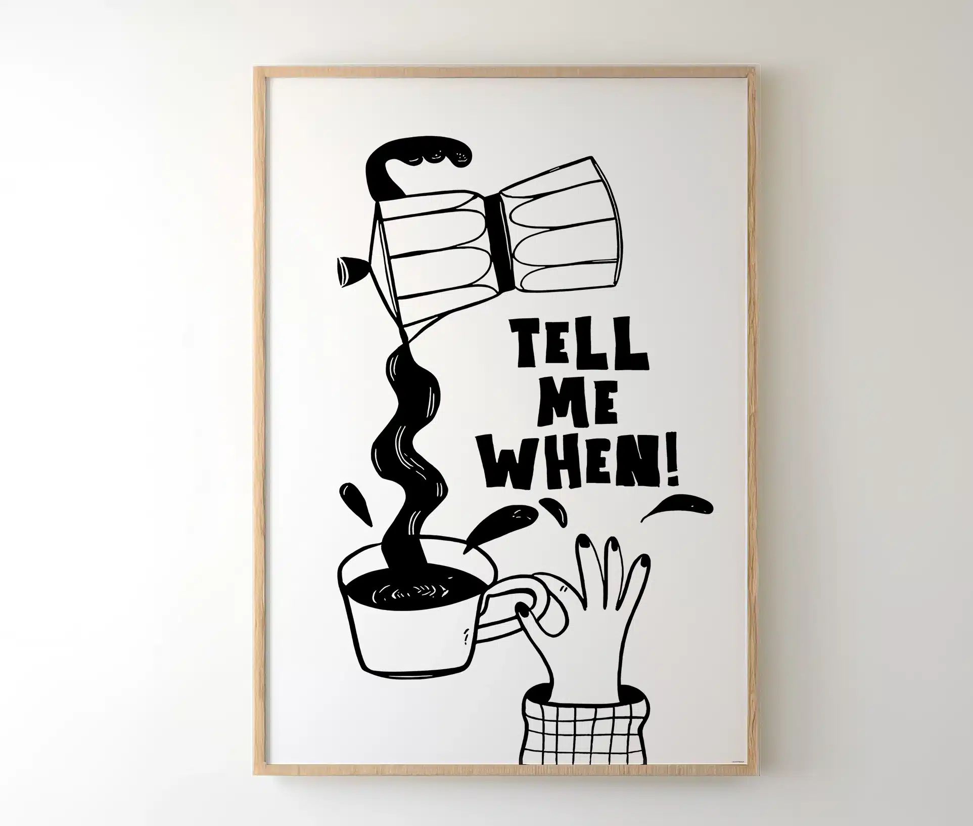 Sort-hvid plakat i træramme med kaffemotiv og tekst.