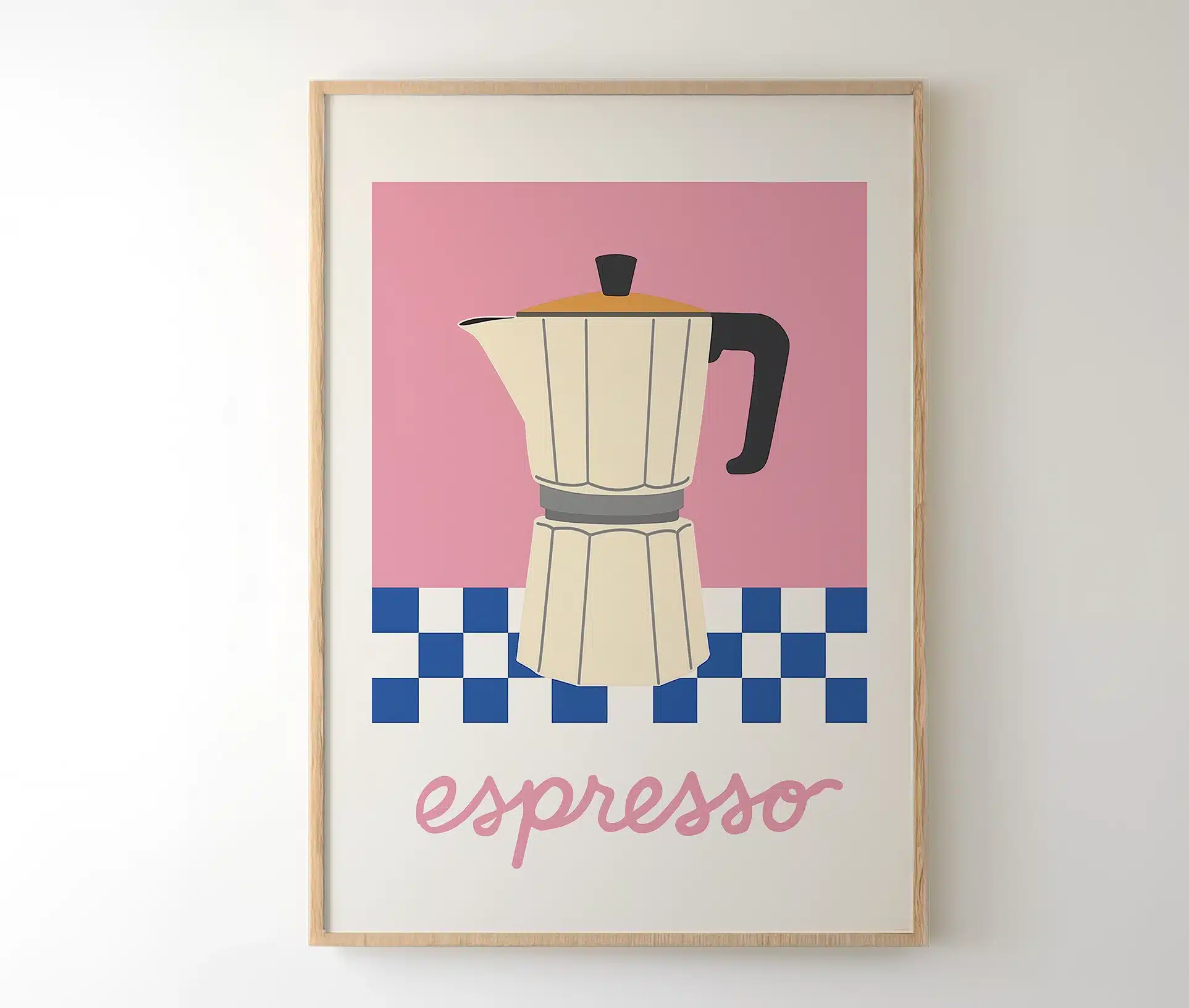 Plakat med mokkakande i træramme hængende på lys væg.