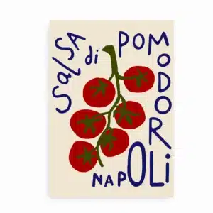 Køkkenplakat med illustration af tomater og teksten “Salsa di Pomodoro Napoli”.