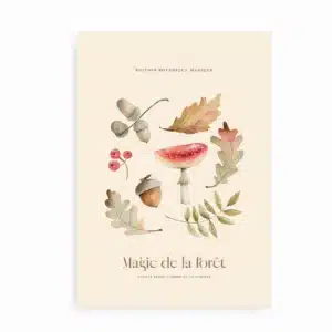 Plakat med fluesvamp, agern, egeblade og bær i varme farver