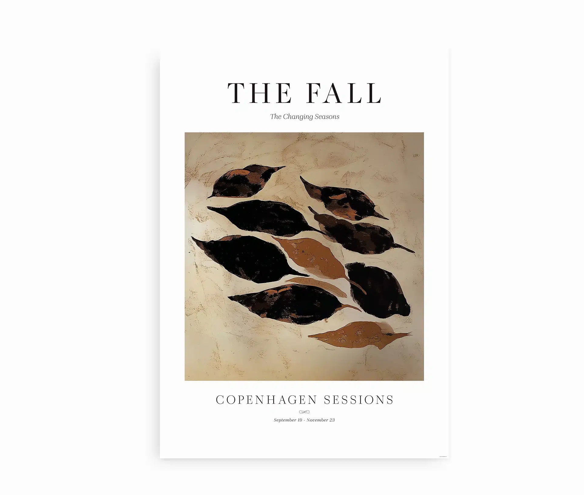 Kunstplakat med brune og sorte blade på lys baggrund og teksten “The Fall – The Changing Seasons”.
