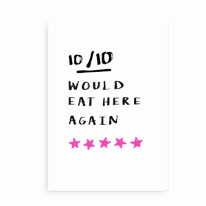 Plakat med teksten “10/10 Would Eat Here Again” og pink stjerner