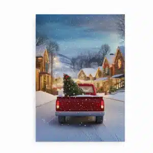 Plakat med rød pickup, der kører gennem sneklædt gade med julepyntede huse.