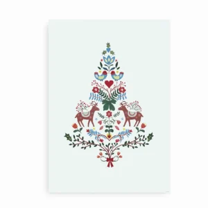 Plakat med folkekunst-inspireret juletræ i farverige mønstre med rensdyr, fugle og blomster.