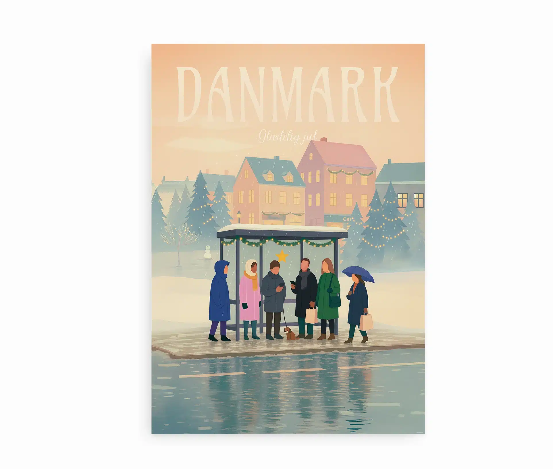 Illustreret plakat af dansk vinter med mennesker, der venter på bussen i regn og sjap. Huse med julelys i baggrunden.