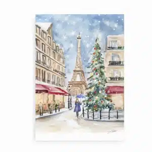 Juleplakat med akvarelmotiv af Paris i sne, juletræ og Eiffeltårnet i baggrunden.