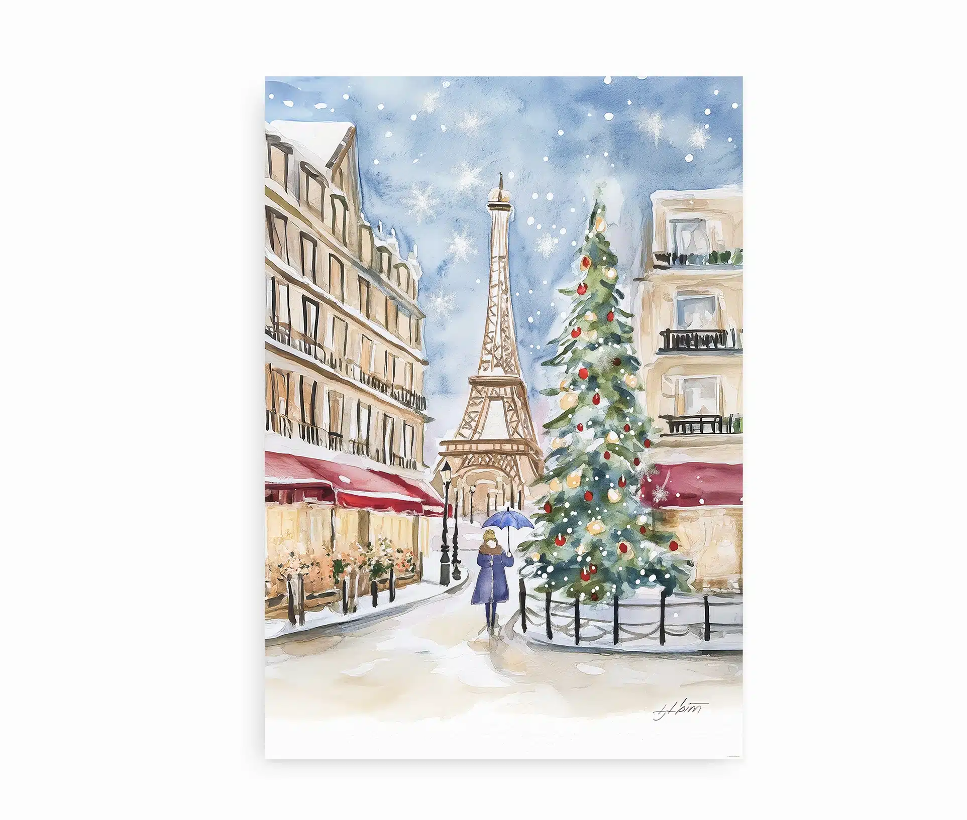 Juleplakat med akvarelmotiv af Paris i sne, juletræ og Eiffeltårnet i baggrunden.