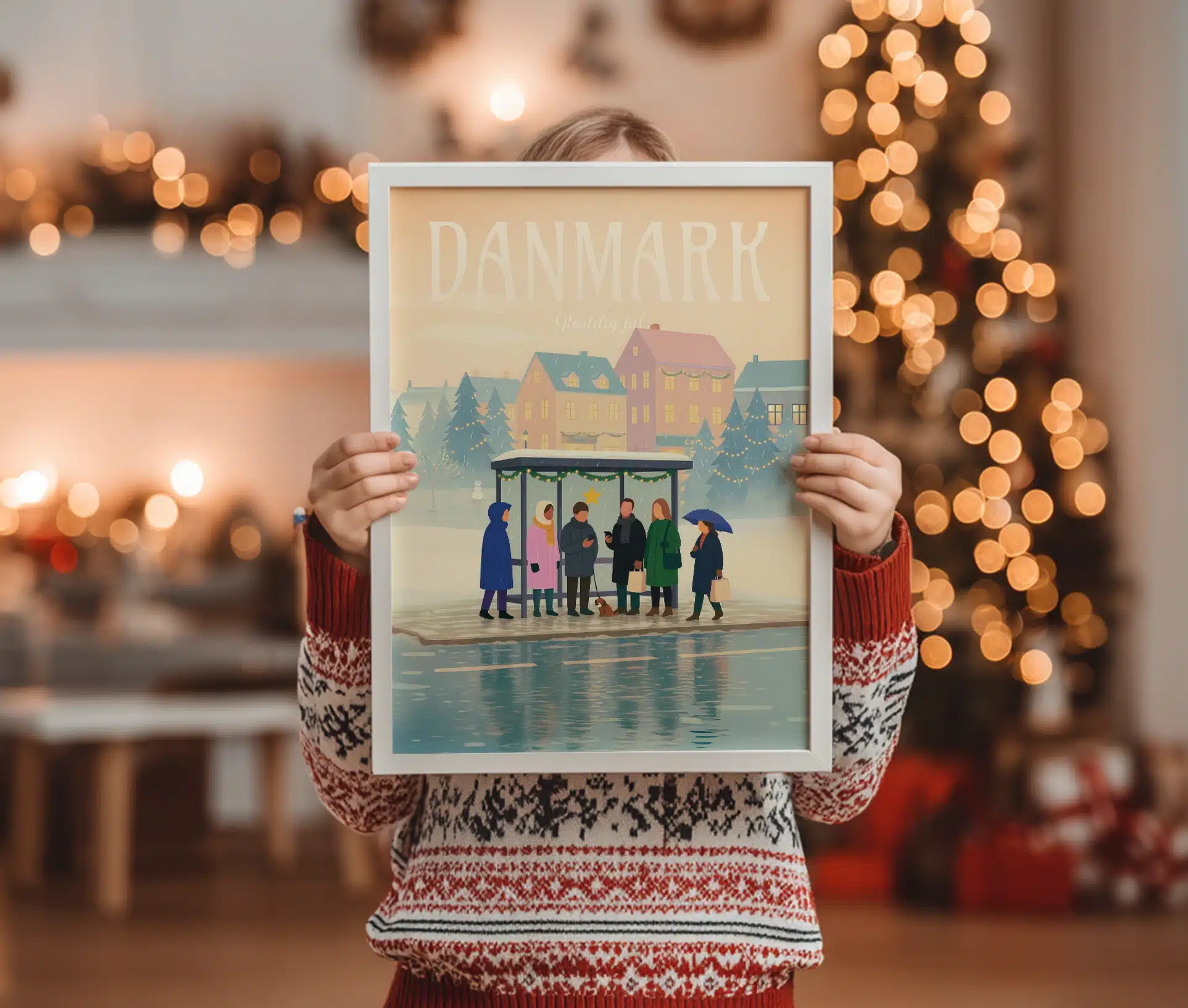 Barn i julesweater holder plakat med dansk vintermotiv foran juletræ med lys.
