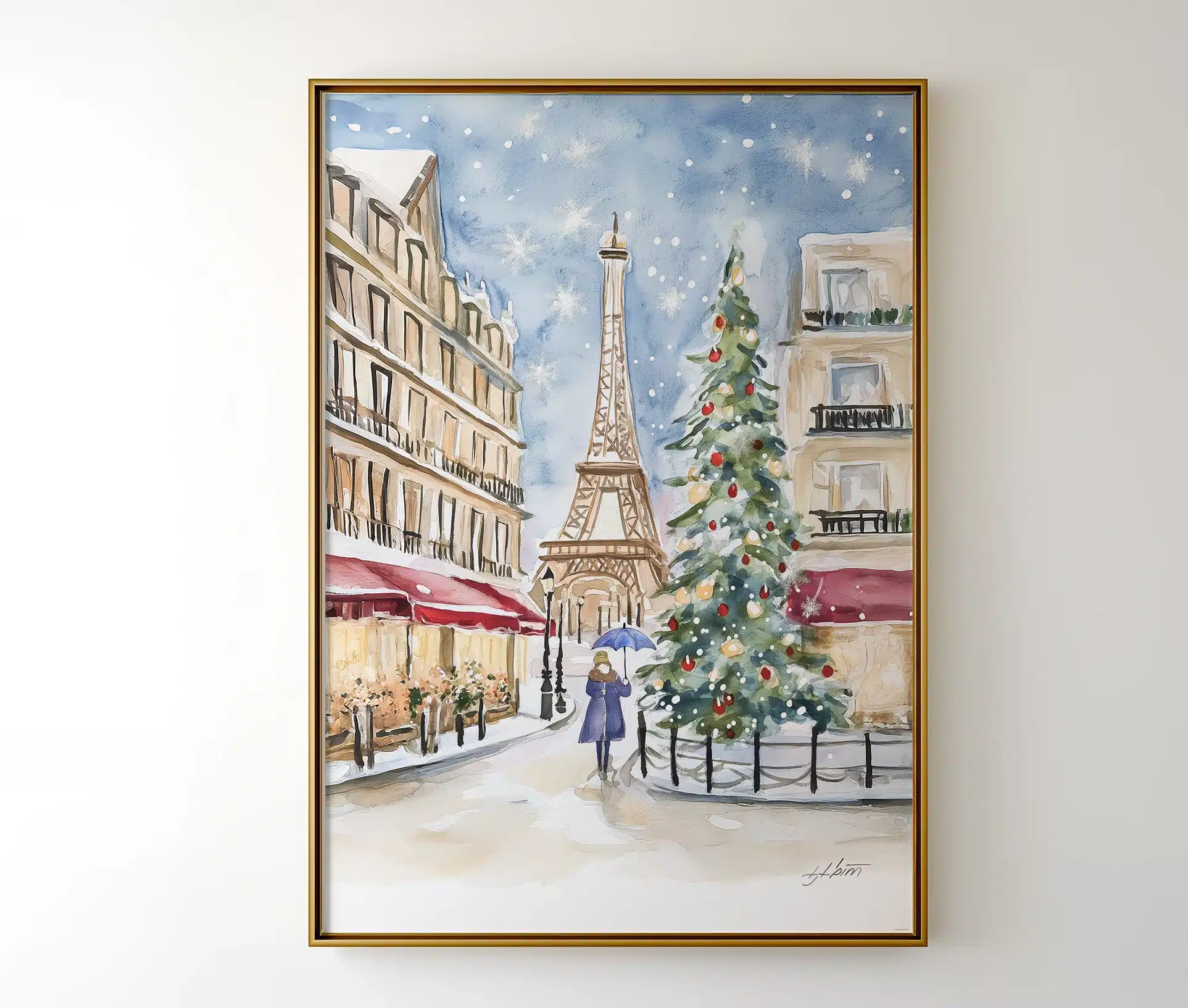 Plakat med akvarelmotiv af Paris i sne og Eiffeltårnet i gylden ramme på væg.