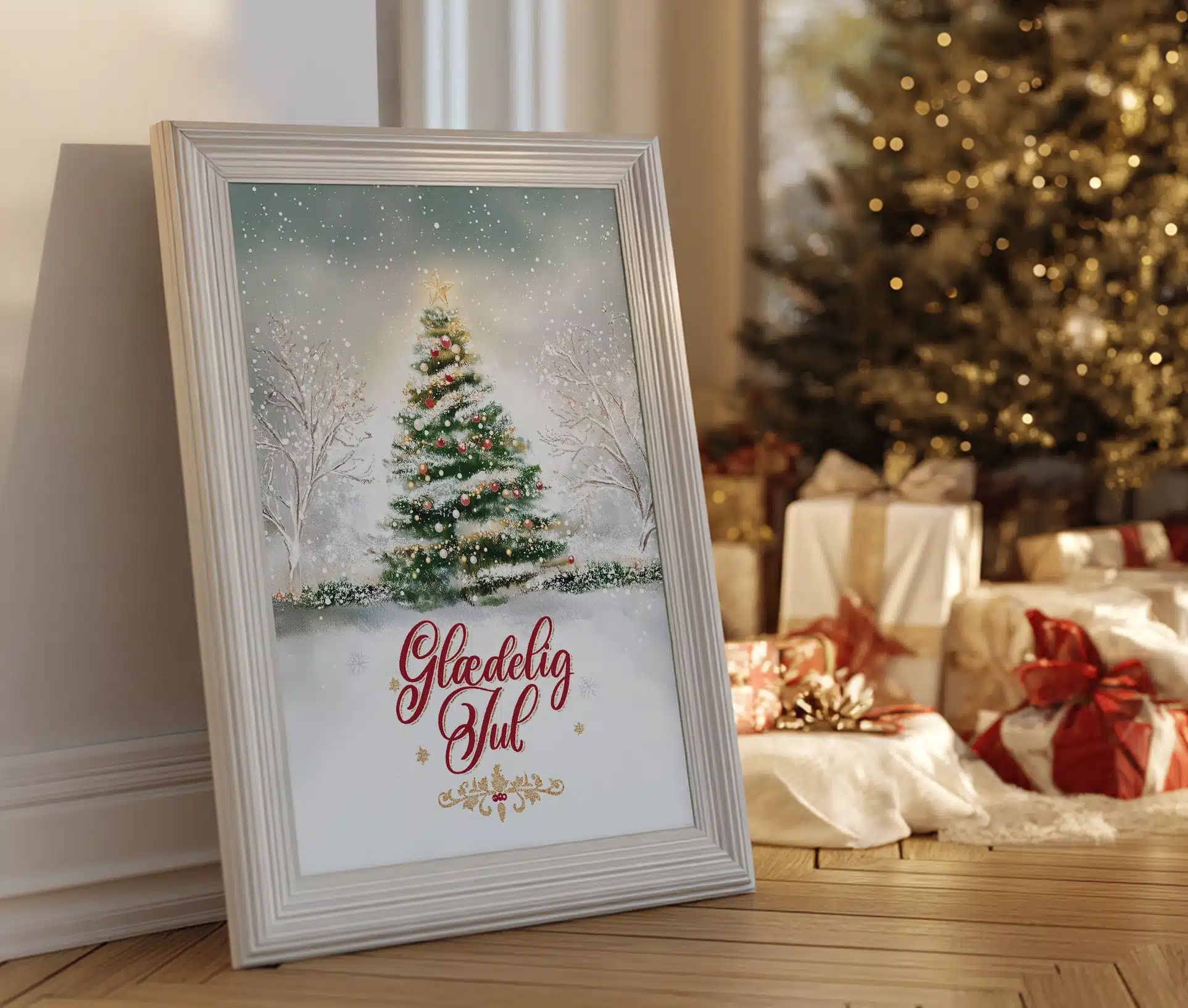 Juleplakat med juletræ i ramme stående ved julegaver og tændt juletræ i baggrunden.