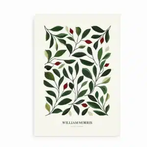 Plakat med William Morris-inspireret mønster af grønne blade og røde bær. Tekst: “William Morris – Holiday Collection”.