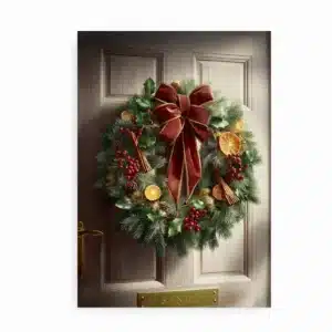 Plakat med julekrans på trædør pyntet med appelsiner, kanel og rød sløjfe. Skiltet på døren siger “Santa”.