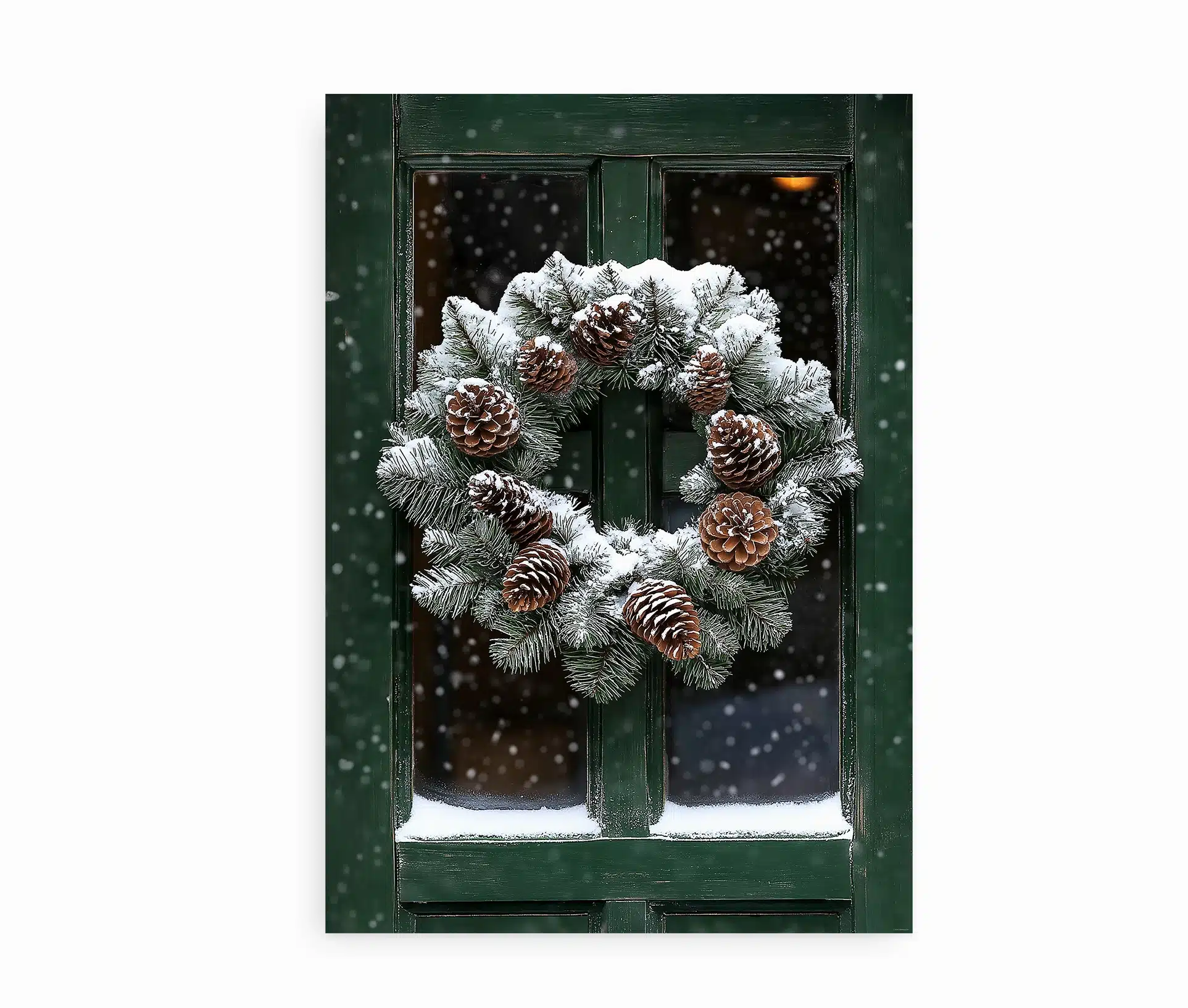 Plakat med grøn dør og julekrans med kogler dækket af sne. Snefnug falder udenfor.