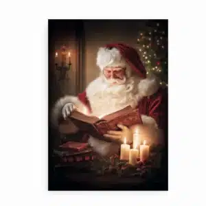 Plakat med julemanden, der læser i en bog ved levende lys. Klassisk julemotiv i varme farver.