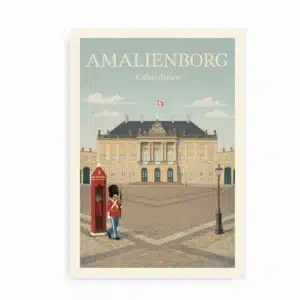 Illustreret plakat af Amalienborg Slot i København med garder og vagtboks i forgrunden.