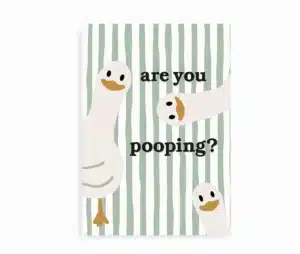 Plakat med tre ænder og teksten “Are You Pooping?” på grønstribet baggrund.