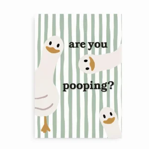 Plakat med tre ænder og teksten “Are You Pooping?” på grønstribet baggrund.