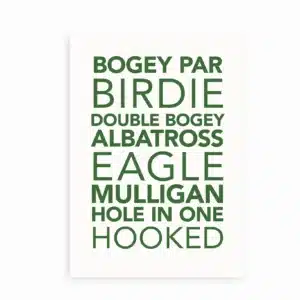 Golfplakat med grøn tekst og ord som “Birdie”, “Bogey”, “Eagle” og “Hole in One”.