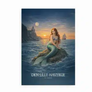 Plakat med illustration af Den lille havfrue af H.C. Andersen. Havfrue sidder på klippe i solnedgang med hav og skib i baggrunden.