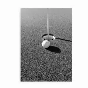 Sort/hvid plakat med golfbold tæt på hul. Minimalistisk foto med skygger og struktur.