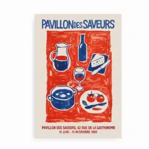 Fransk kunstplakat med illustrationer af vin, ost, gryde og tomater i rødt og blåt.