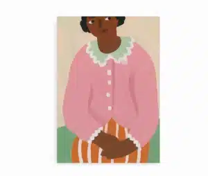 Kunstplakat med kvinde i lyserød sweater og stribede bukser. Moderne, minimalistisk illustration.