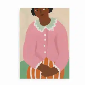 Kunstplakat med kvinde i lyserød sweater og stribede bukser. Moderne, minimalistisk illustration.