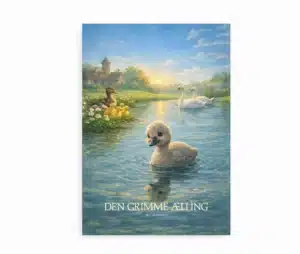 Plakat med illustration af Den grimme ælling af H.C. Andersen. Ælling på sø omgivet af ænder, svaner og solnedgang.