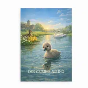 Plakat med illustration af Den grimme ælling af H.C. Andersen. Ælling på sø omgivet af ænder, svaner og solnedgang.