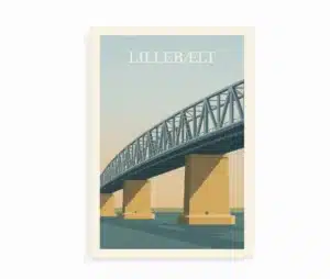 Illustreret plakat af den gamle Lillebæltsbro i minimalistisk stil. Broens stålkonstruktion i afdæmpede farver over vandet.