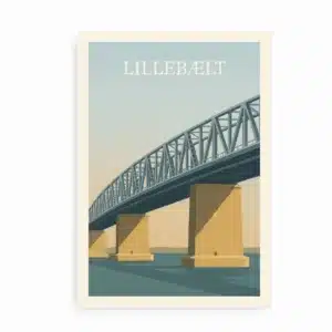 Illustreret plakat af den gamle Lillebæltsbro i minimalistisk stil. Broens stålkonstruktion i afdæmpede farver over vandet.