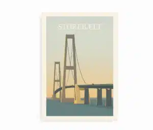 Illustreret plakat af Storebæltsbroen i dæmpede farver. Minimalistisk design med nordisk lys og rolig stemning.