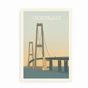 Illustreret plakat af Storebæltsbroen i dæmpede farver. Minimalistisk design med nordisk lys og rolig stemning.