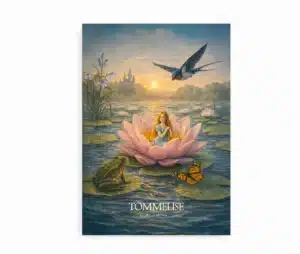 Plakat med illustration af Tommelise af H.C. Andersen. Tommelise sidder i en åkandeblomst omgivet af en frø, en svale og en sommerfugl.