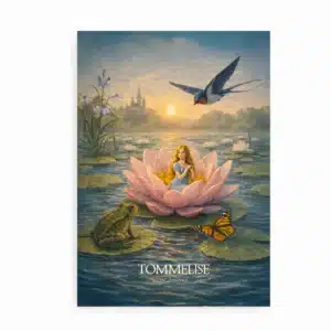 Plakat med illustration af Tommelise af H.C. Andersen. Tommelise sidder i en åkandeblomst omgivet af en frø, en svale og en sommerfugl.