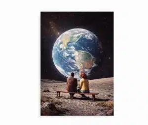 Plakat med A place to call home motiv af par og jorden
