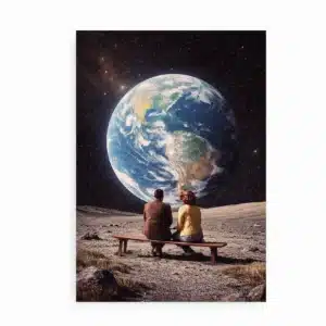 Plakat med A place to call home motiv af par og jorden