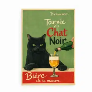 Vintage fransk plakat med sort kat og ølglas samt teksten “Bière de la maison”.