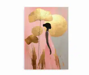 Plakat med kvindesilhuet i rosa kjole og gyldne blade