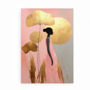 Plakat med kvindesilhuet i rosa kjole og gyldne blade