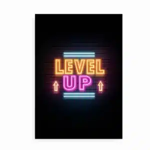 Plakat med Level Up neon tekst i farver