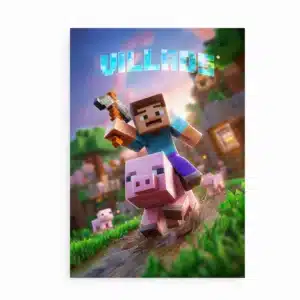 Minecraft-inspireret navneplakat med Steve-lignende figur ridende på en gris og personligt navn øverst.