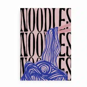 Plakat med Noodles Noodles tekst og blå nudler design