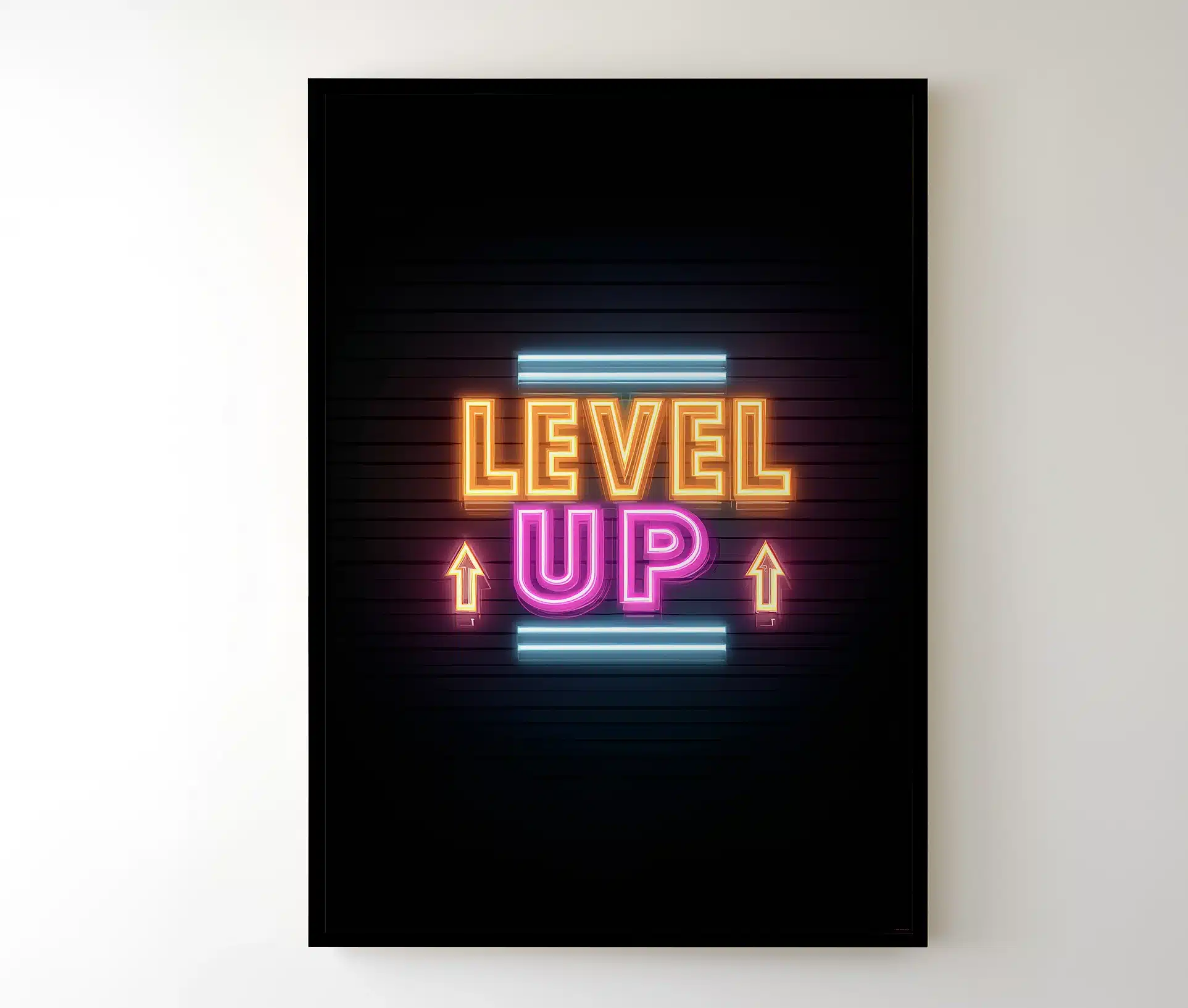 Level Up plakat med farverig neon typografi