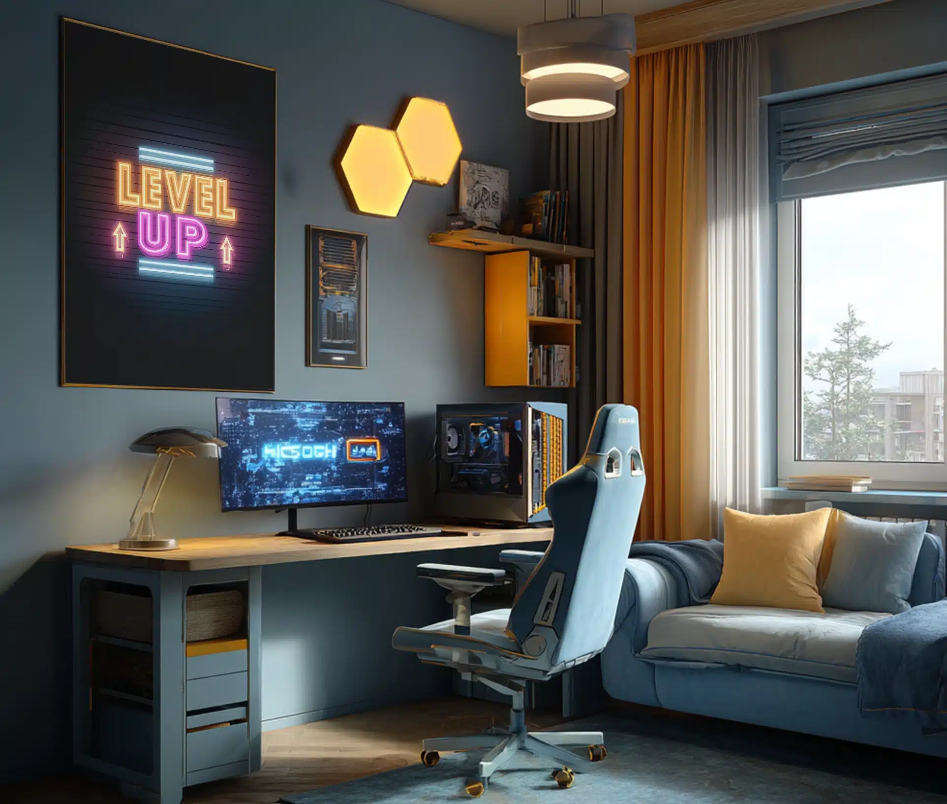 Plakat med Level Up tekst i neon stil