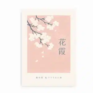 Plakat med japanske sakura blomster og japansk tekst på rosa baggrund