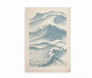 plakat med illustration af japanske bølger i rolige blå nuancer