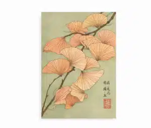 Plakat med japanske ginkgo blade og japansk tekst i botanisk kunststil